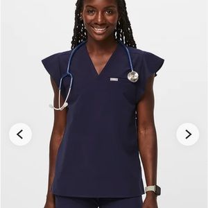Figs Natal Flutter Sleeve Scrub Top Navy